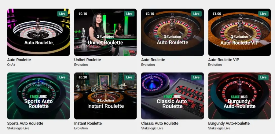 live roulete varianten : diverse auto roulette van Unibet